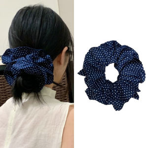 Màu xanh dương đậm phong cách Đại Học chấm bi nhăn hai lớp cao cấp của phụ nữ sau đầu tóc búi dây thừng nhẹ nhàng dây buộc tóc lớn