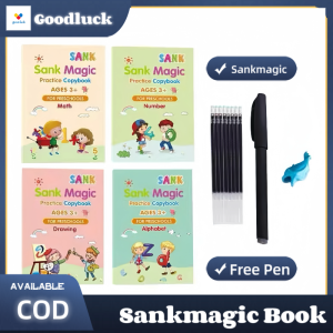 Goodluck 4 Books+Pen Sank Magic Practice Copybook Free-Wiping Childrens Copybook Magic Writing Sticker English Version