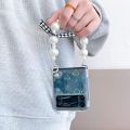Omio for Galaxy Z Flip 4 Cute Case, Clear Holographic Heart Phone Case with Pearl Chain Bracelet Wrist Strap for Women Girls Aesthetic Glitter Rainbow Slim Shockproof Hard PC Cover. 