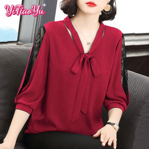 Yitiaoyu Womens Blouse Lace Hollow Splicing Blouse Seven-point Sleeve Shirt