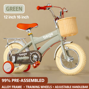 Beige Bike For Kids For 2-12 Years Girl & Boy 12-16 Inch With Training Wheels Large Wicker Basket Kids Bike