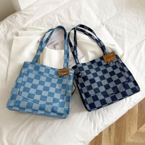 2025 NEW ARRIVAL Korean Minimalist Stylish Denim Plaid Large Capacity Shoulder Tote Bag