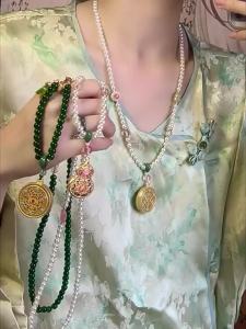 AE New Chinese-style retro round pendant beaded necklace for women suitable for Ma Mian skirt Hanfu cheongsam sweater chain ancient and ethnic style accessories