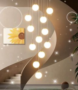 Nordic Design Modern Double-Entry Spiral Staircase 12 Heads Long Chandelier White Glass Ball Chandelier For Villa Attic Chandelier High-Rise Living Room Restaurant Staircase Foyer (Three Color Lamp) With 3 Meters Hanging Wire E27 Bulb