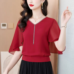 Trang phục mùa hè nữ Yimei thời trang V với cổ áo và áo voan tay ngắn khí chất phong cách mới áo nhỏ cỡ lỡn sang trọng và phong cách phương Tây áo ngắn Đỏ