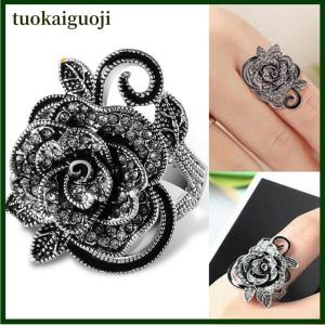 tuokaiguoji Phụ Nữ Retro Rose Flower Nhẫn Pha Lê Màu Đen Vantige Lớn Hoa Nhẫn Trang Sức Quà Tặng