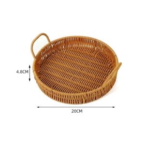 JURHOMIE 20/25/30/35cm Handwoven Rattan Basket with Handle Double Ears Wicker Basket Decorative Plastic Imitation Rattan Storage Tray Cake Display