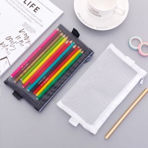 JJT Minimalist Transparent Mesh Pencil Case for Students Exam Essentials with Zipper Design Perfect for Organizing Stationery and Documents