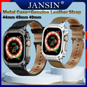 Vỏ kim loại có dây đồng hồ bằng da cho Apple Watch Ultra 49mm Vỏ bảo vệ bằng thép không gỉ Ốp lưng dây đeo bằng da thật cho i Watch Series 8 7 se 6 5 4 44mm 45mm