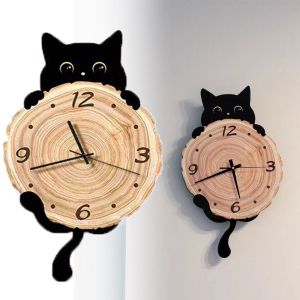DIVATEN Non-Ticking Wall Clock Black Cat Silent Movement Wall-mounted Clock Creative Wag Tail Hanging Clock For Living Room