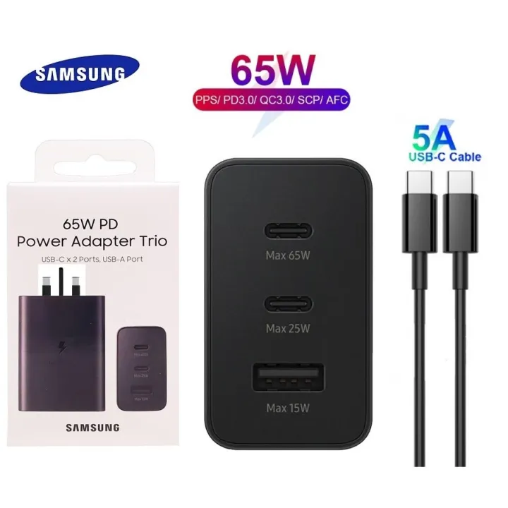 Samsung 65W PD Super Fast Charger Support Quick Charge Power Adapter Trio USB C 2 Ports USB A Port For Phone Laptop