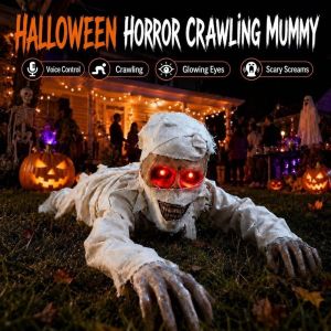 VIVAZ Electric Crawling Crawling Mummy Prop Glowing Red Eyes Wrapped Mummy Mummy Halloween Prop Realistic Horror Style Animated Mummy Decoration Halloween Decoration