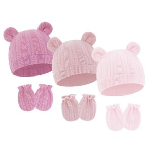Breathable Cotton Blend Bear Ear Cap Gloves for Toddler Infant 0-2 Months Baby Gloves Hat Set No Scratch Mittens