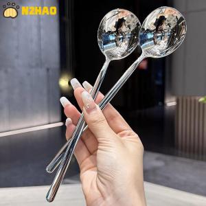 【N2HAO】 Stainless Steel Spoon Korean Long Handle Tableware Thicken Stirring Ice Spoon Meal Spoon Household Dinner Spoon