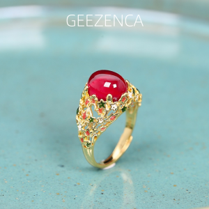 S925 Silver Gold Plated Red Corundum Enamel Color Craft Womens Ring Hollow Cloisonne Open Ring Fine Jewelry Vintage Trendy Gift