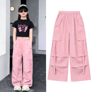 Pink Loose-Fitting Wide Leg Cargo Pants Multi-Pocket Coquette Trendy Baggy Pants for 5-12Y Kids Girls