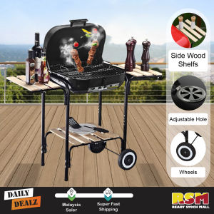 Portable Outdoor Trolley Barbecue Grill Stainless Steel Charcoal BBQ Grilling with 2 Wooden Side Shelfs / Berbeku Beroda