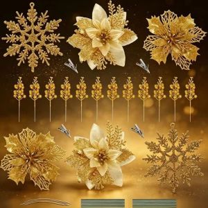 K9SEQ 30pcs Set Multipurpose Artificial Christmas Flowers With Clips Glitter Finish Christmas Tree Ornaments Elegant Pendant Style Glitter Poinsettia Flowers for Christmas Tree