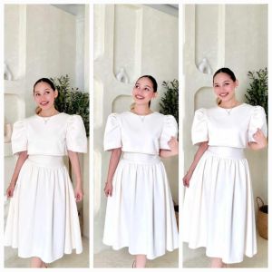 Casual Office Formal Graduation Wedding Anniversary Modern Filipianiana Top and Hip Pleated Skirt Set Terno - fits up to large - classy and elegant - timeless classic - timeless piece - casual office or party - classic piece - super kapal ng tela - h