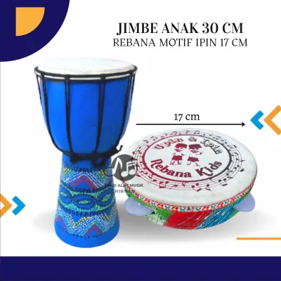 Alat Musik Paket Jimbe Anak Ukuran 30 cm Biru dan Rebana Kicrik Ipin Gendang Kendang Mainan Edukasi Jawa Tradisional