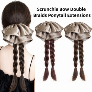 OOC Long Double Braids Ponytail Extensions Claw Clip 18 Inch Twist Braid Hairpiece Elegant Handmade Scrunchie Bow Braids Pony Tails for Women