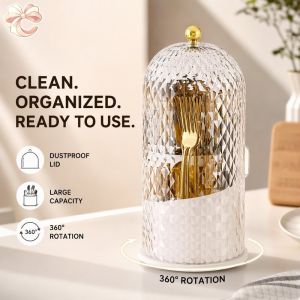 360 Degree Rotating Cutlery Storage Rack Dustproof With Lid Large Capacity Kitchen Organizer For Spoon Fork Chopstick Utensils