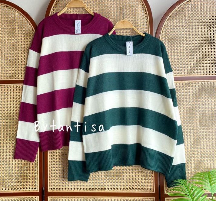 Masayu Knit Sweater Rajut Oversize Motif Garis/ Sweater Wanita