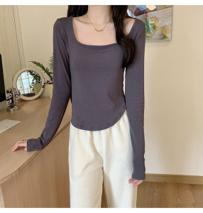 ⚡Port⚡ blouses women new style 2025 Korean fashion tops Long Sleeved T-shirt for Women Irregular Slim Fit Student Casual Short Bottom Shirt M-XL 2️⃣0️⃣2️⃣5️⃣