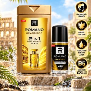 [Mới] Combo Tắm gội hương nước hoa Romano Grandiose 650g+ Lăn 50ml/ 2in1 180g+ Lăn 50ml.