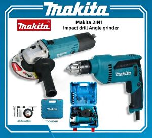 Makita 2in1 1000W Angle Grinder & Impact Drill Power Tool Kit with Drilling Kit and Durable Tool Box