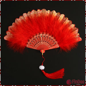 FinDee พัดจีนขนนกแต่งการเพนท์ลายไทยสีทอง พัดเต้นรํา สไตล์โลลิต้า พัดจีนขนนก มี 4 สี Feather Fan