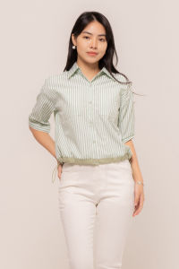 RIMINI - Kemeja Garis Katun Premium Serut Samping Stripes Drawstring Stripes Size XS-3XL - Rhinea Top 7512