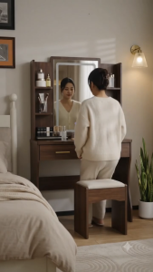 DREMEL Dressing Table Double Drawer Storage Cabinet With Stool And LED Lighting Bedroom Makeup Table Meja Solek Bangku Berlaci