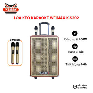Loa kéo bluetooth Bass 3 tấc di dộng Weimax K-S302 tặng kèm 2 micro không dây âm thanh sống động chỉnh bass treble echo công suất 400w kết nối đa dạng thời gian hoạt động 6-8h