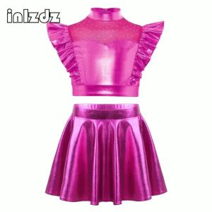 Kids Girls Jazz Dance Outfit Rhinestone Mesh Sleeveless Metallic Crop Top with Flared Skirt for Stage Show Musical Club Party2026