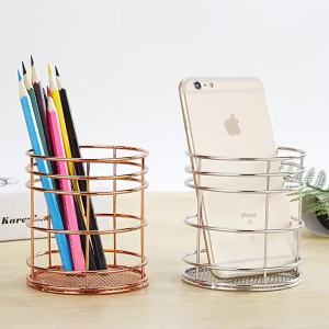 BORDSTRACT Small Wire Utensil Holder 11x9x9cm Metal Round Pen Holder Make Up Brush Holder Desk Cutlery Chopsticks Organizer for Kitchen Counter Home Office(Rose Gold)