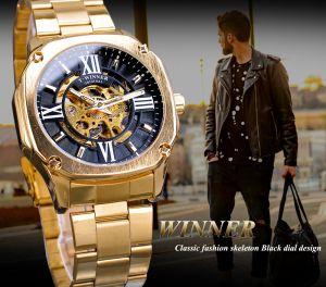 Original WINNER Watch Mens Vintage Gold Skeleton Square Automatic Skeleton Stainless Steel Fashion Gentleman Mechanical Clock