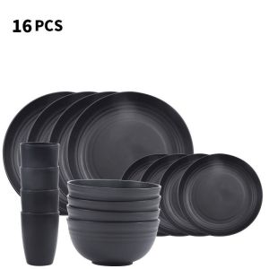 16pcs Camping Dinnerware Set Bowl Dish Plate Water Cup Black 16-Piece Set Outdoor Picnic