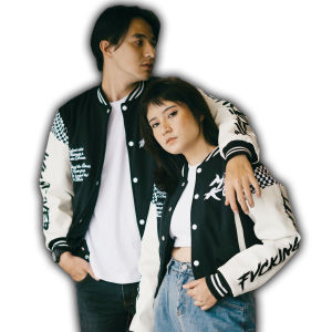 Jaket Varsity Couple MRKO 0124 Full Bordir Model Korean Streetwear Bahan Fleece Katun & Tangan Kulit