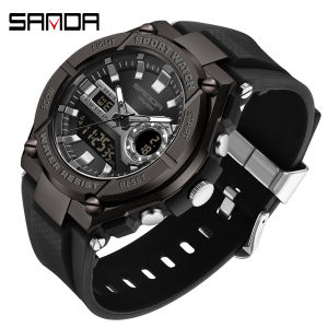 SANDA Fashion Mens Digital Quartz Dual Display Watch 50M Waterproof Outdoors Sports Complete Calendar Chrono Men Watches