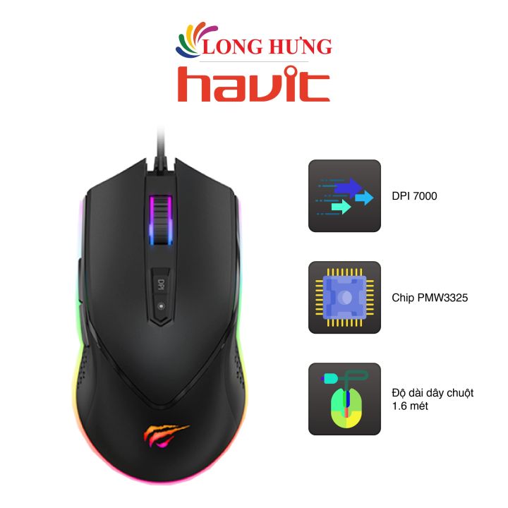 Chuột có dây Gaming Havit MS814 - Hàng chính hãng - LED RGB 16 triệu màu, chống trượt Anti-Slipping, thiết kế cong thái học