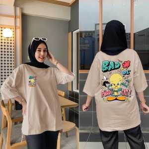 Atasan Oversize Lengan 7/8 Gambar Belakang Bad Duck / Kaos Oversize Wanita Model Panjang Belakang / Atasan Wanita Ukuran L XL Dan XXL
