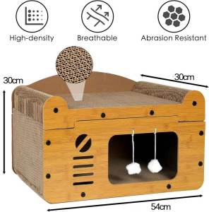 2 In 1 Cat Bed Extra-Large Cardboard Cat House & Scratcher Bed for Indoor Cats with Stable and Detachable Corrugated Board Scratcher Box 3 Layer Design