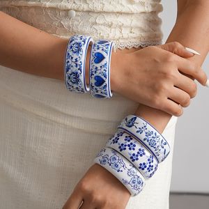 GJURD Resin Blue White Porcelain Bangle Jewelry Accessories Minority Design Chinese Style Wide Bracelet Unique Creative Blue and White Porcelain Hand Ring Women