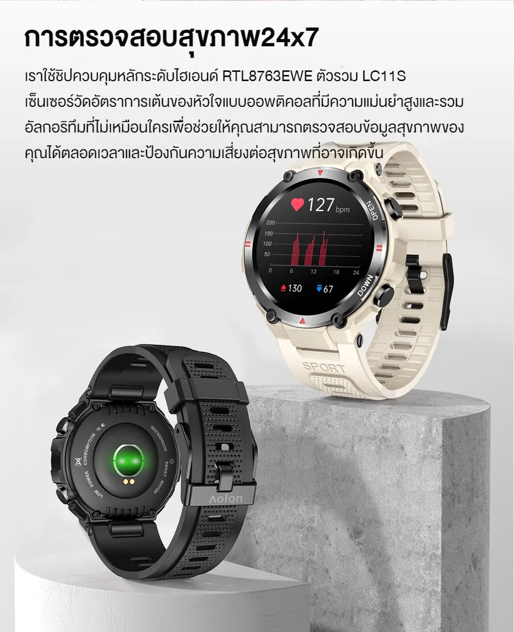 Aolon Tetra R2 1.32 นิ้ว สมาร์ทวอทช์ ผู้ชาย นาฬิกาวิ่ง บลูทูธโทร ควบคุมเพลง การตรวจการนอนหลับ HR BP SPO2 380mAh