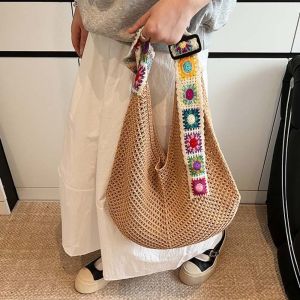 FSFDS Large Capacity Crochet Tote Bag Ethnic Style Flower Hollow Woven Bag Trendy Cotton Knitting Handbag Female