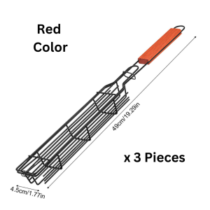 3 pcs BBQ Mesh Grill Nonstick Heat-resistant Wooden Handle BBQ Grill Basket Portable Grilling Kebab Party Barbecue Tools