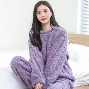 YTM Pullover Autumn Warm Pajama Sets Coral Fleece Thicken Fluffy Sleepwear Casual Loose Fleece Pajama Sets Winter