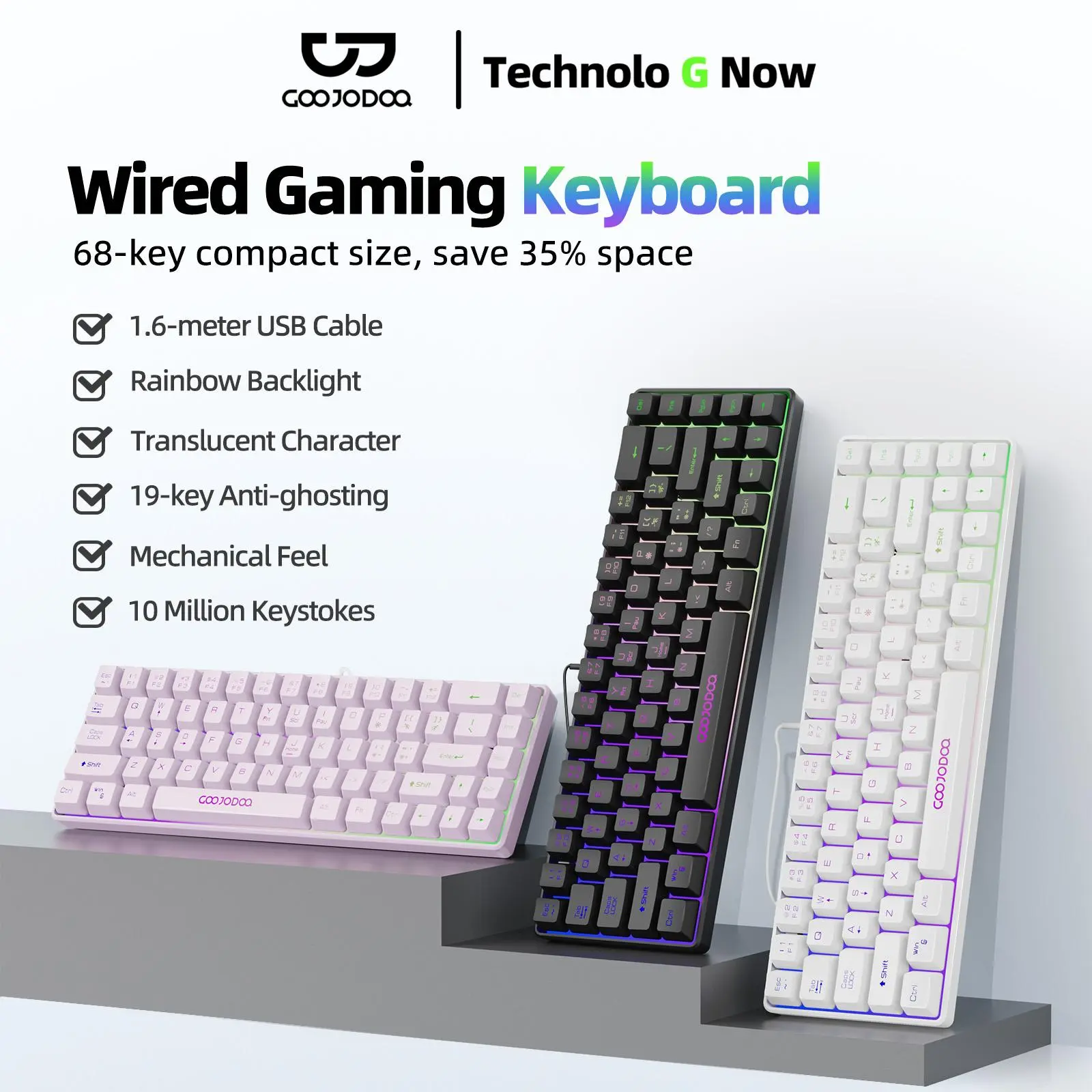GOOJODOQ Wire Papan Kekunci Mekanikal | Wired Gaming Mechanical Keyboard with Rainbow Backlight | 1.6m USB Cable with 68 Key | 10 Million Keystrokes Lifespan | Keyboards for Window Laptop Macbook Android Desktop Office Kerja Rumah