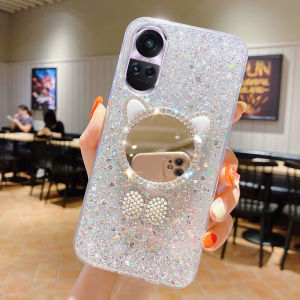 เคสโทรศัพท์ OPPO Reno10 Pro 5G Reno10pro+ ปลอกซิลิโคนนิ่มดีไซน์เลื่อม OPPO Reno 10 Pro 5G ฝาครอบโทรศัพท์พร้อมกระจกดีไซน์แมวน่ารัก